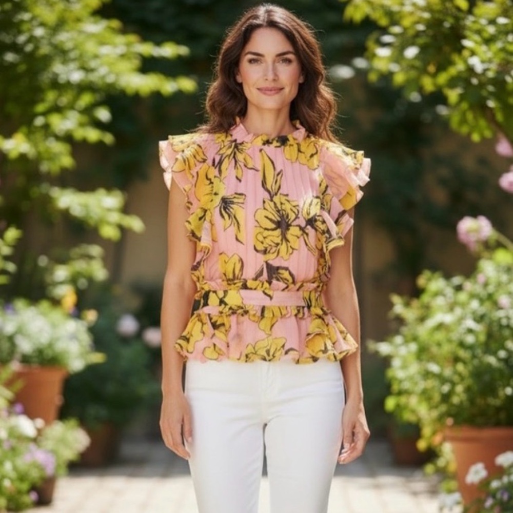 Marissa Webb Pink and Yellow Peony Ruffle Blouse Size 10